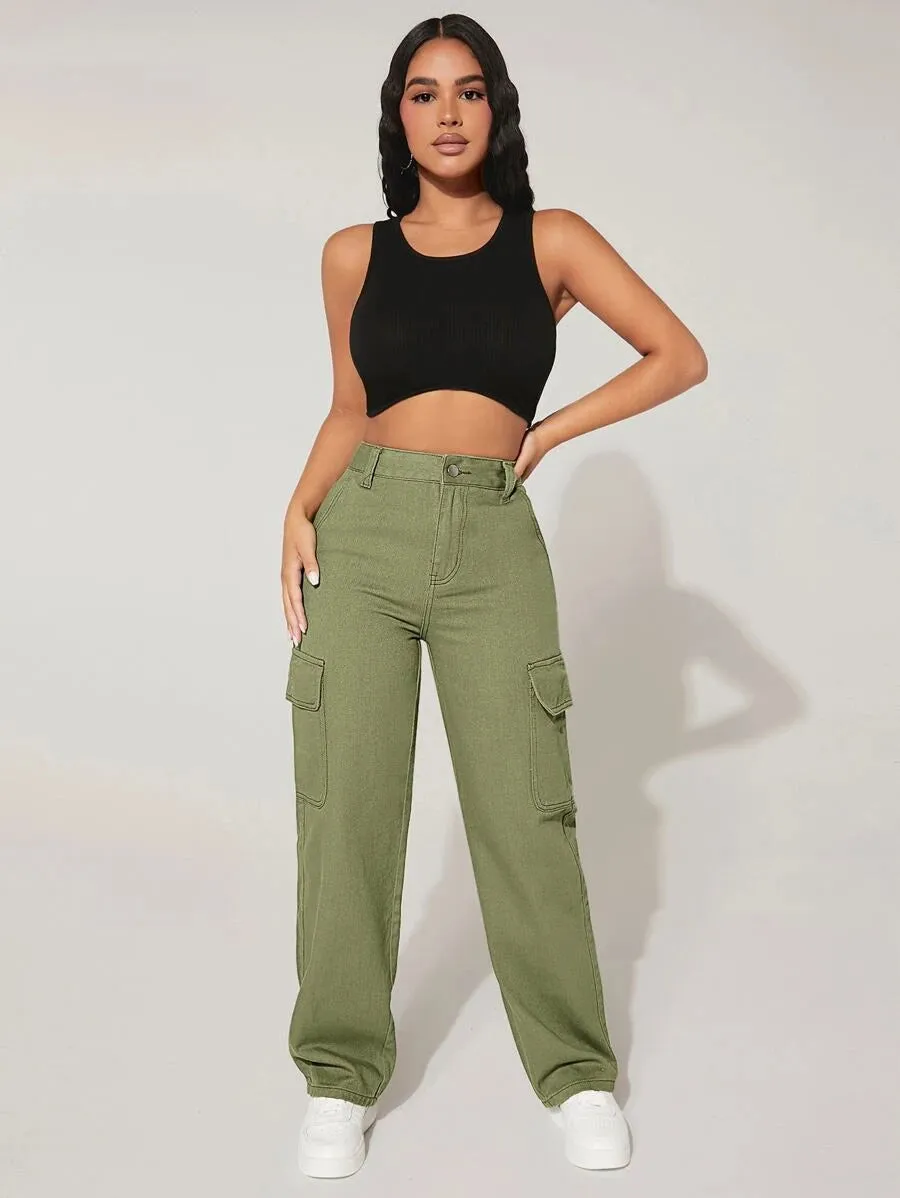 High Waist Easy Wear Cargo Jeans