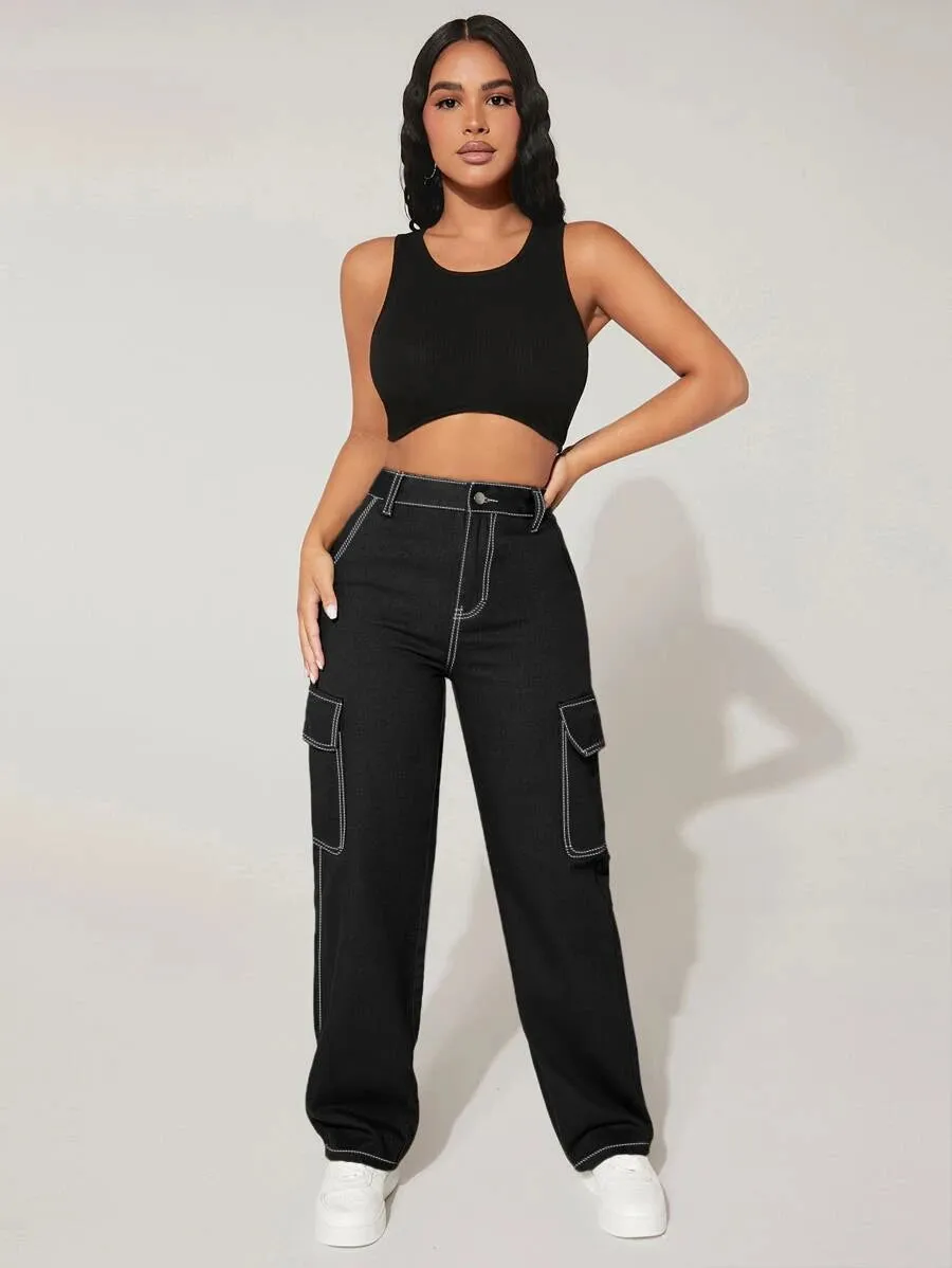High Waist Easy Wear Cargo Jeans