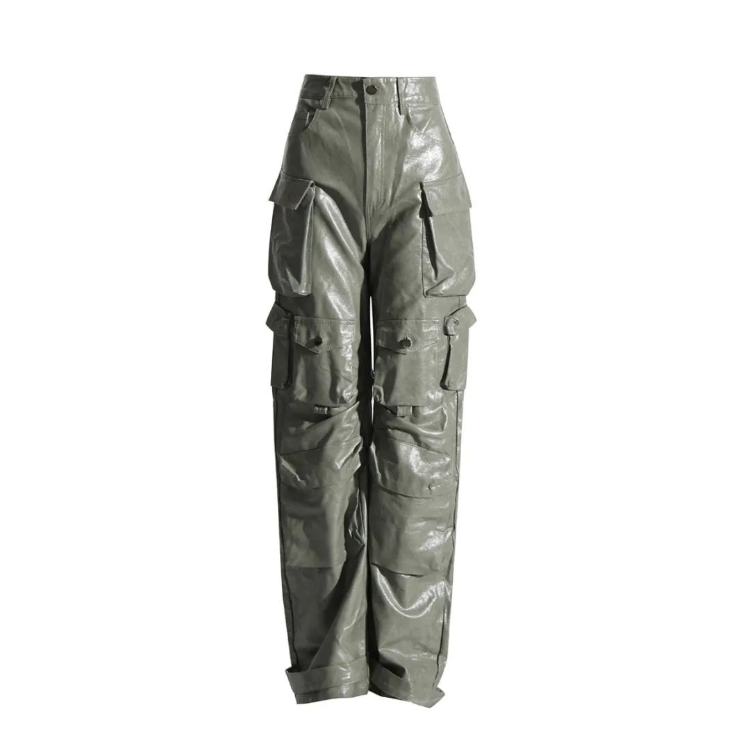 High Waist PU Cargo Pants