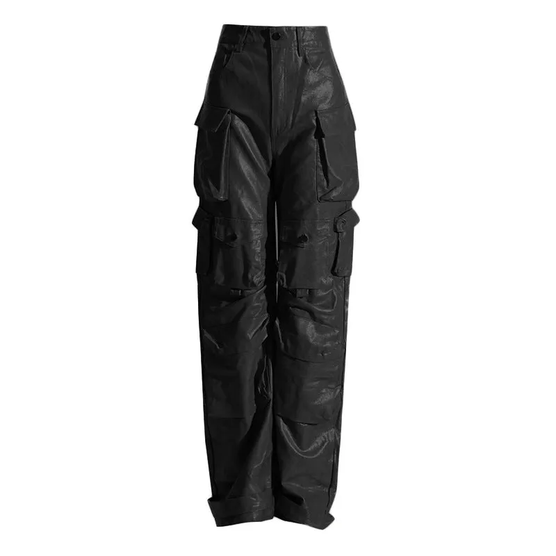 High Waist PU Cargo Pants