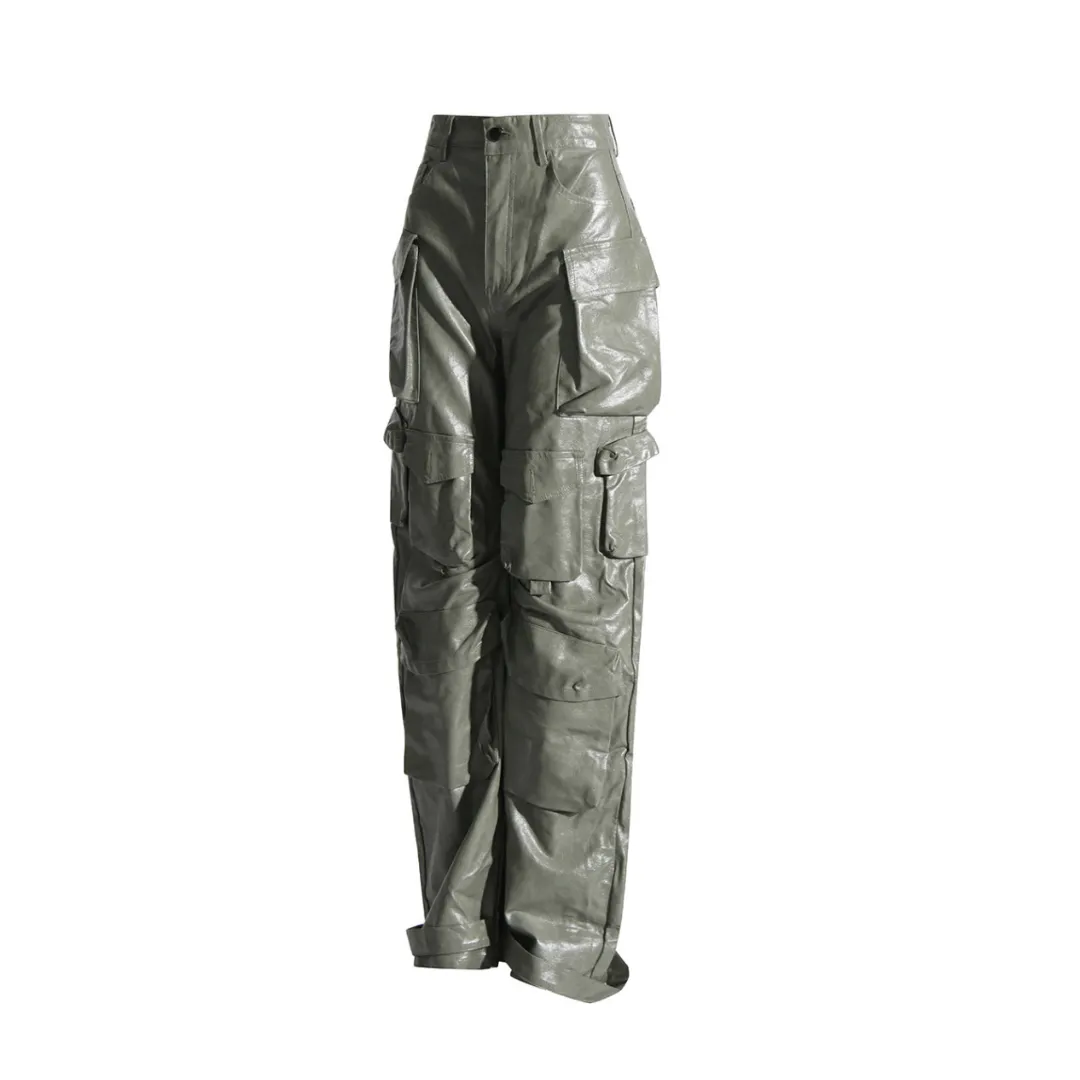 High Waist PU Cargo Pants