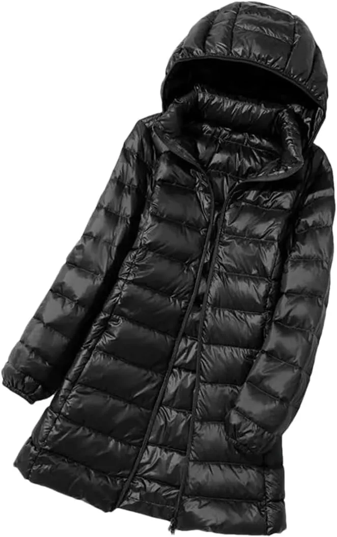 JNKIHAPOT Womens Winter Long Down Coat Ultra Light Thin Puffer Jacket Slim Casual Remove Hooded Parka