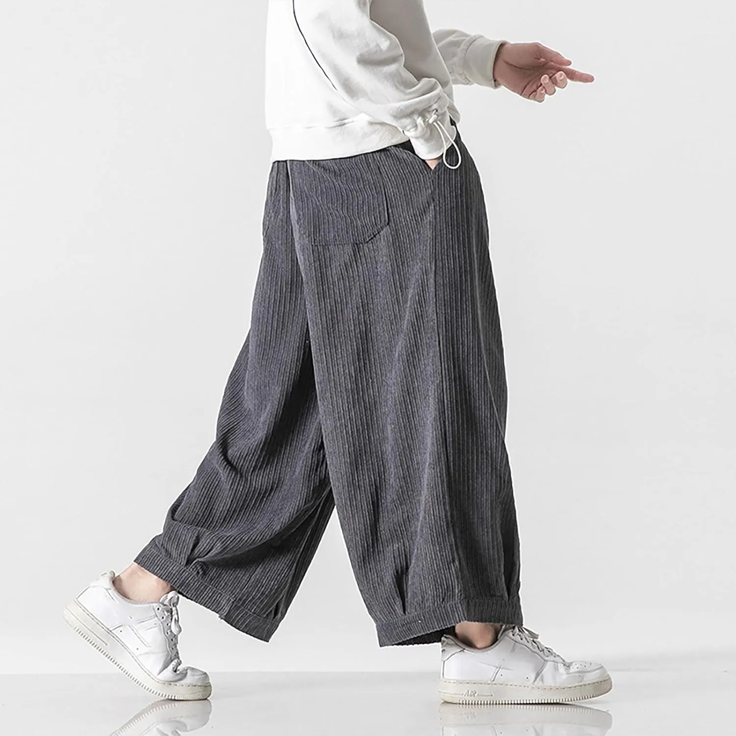 Loose Corduroy Pants for Men Big and Tall Straight Wide Leg Cotton Trousers Casual Elastic Waist Drawstring Sweatpant