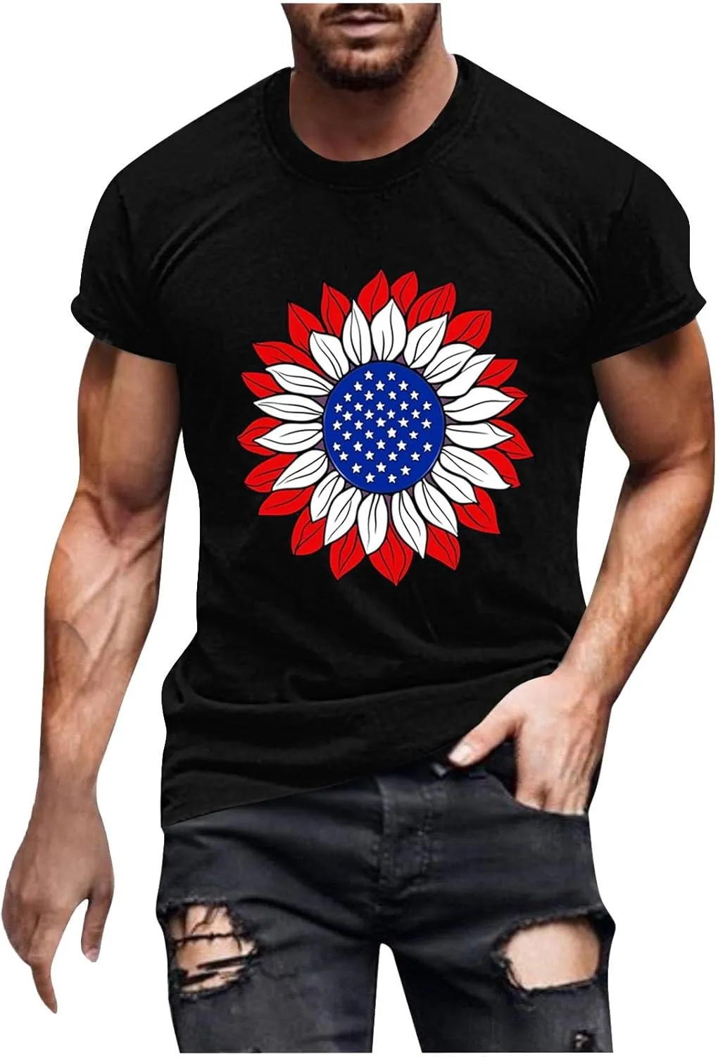 Men's American Flag Muscle T-Shirt Workout Crewneck Star Stripes Sunflower Graphic Tees Short Sleeve Casual Patriotic Tops