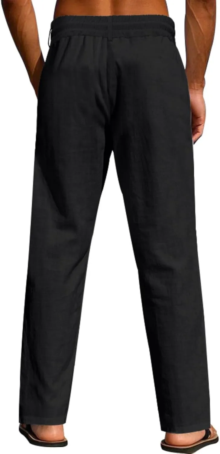 Mens Linen Pants Solid Color Elastic Waist Drawstring Baggy Trousers Summer Casual Beach Vacation Pant with Pockets