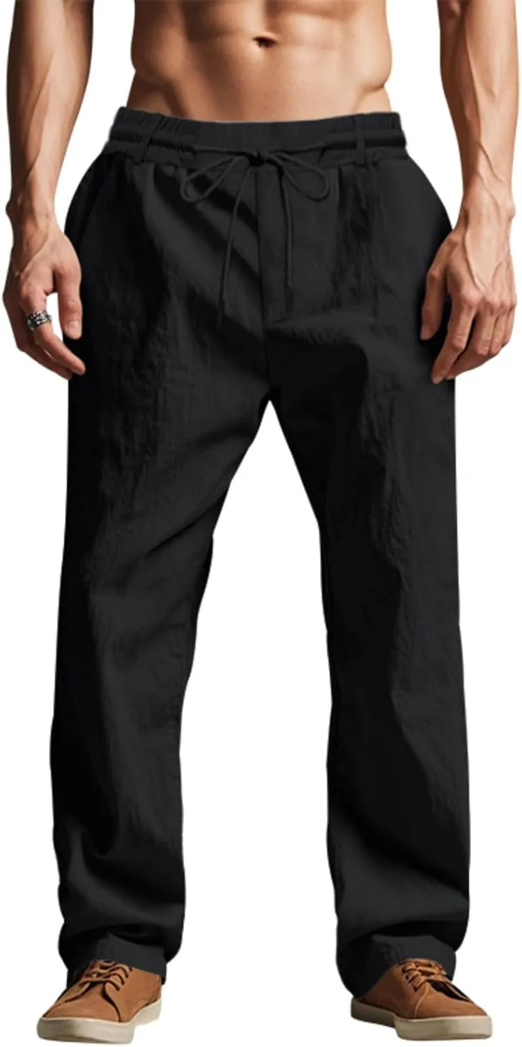 Mens Linen Pants Solid Color Elastic Waist Drawstring Baggy Trousers Summer Casual Beach Vacation Pant with Pockets