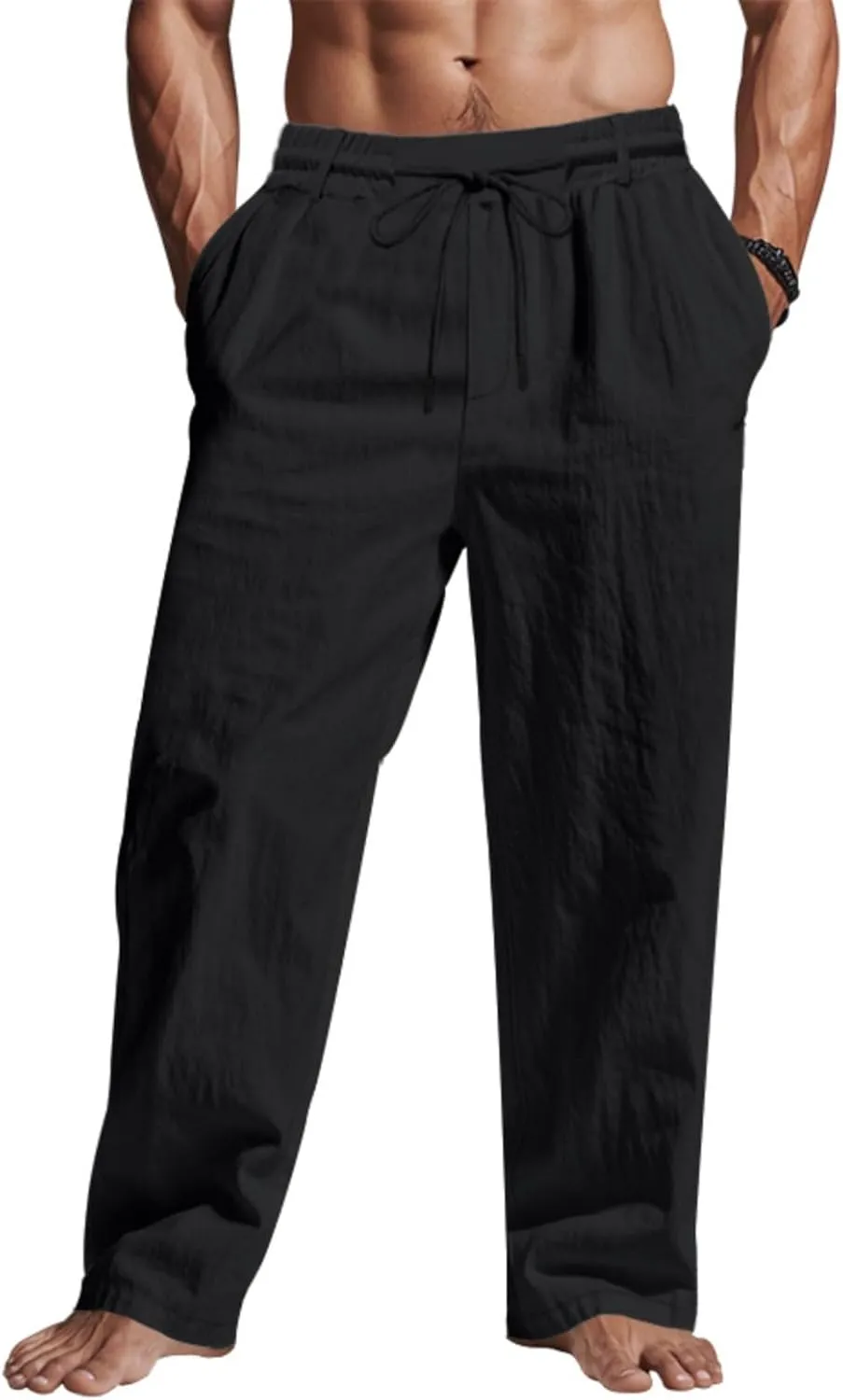 Mens Linen Pants Solid Color Elastic Waist Drawstring Baggy Trousers Summer Casual Beach Vacation Pant with Pockets