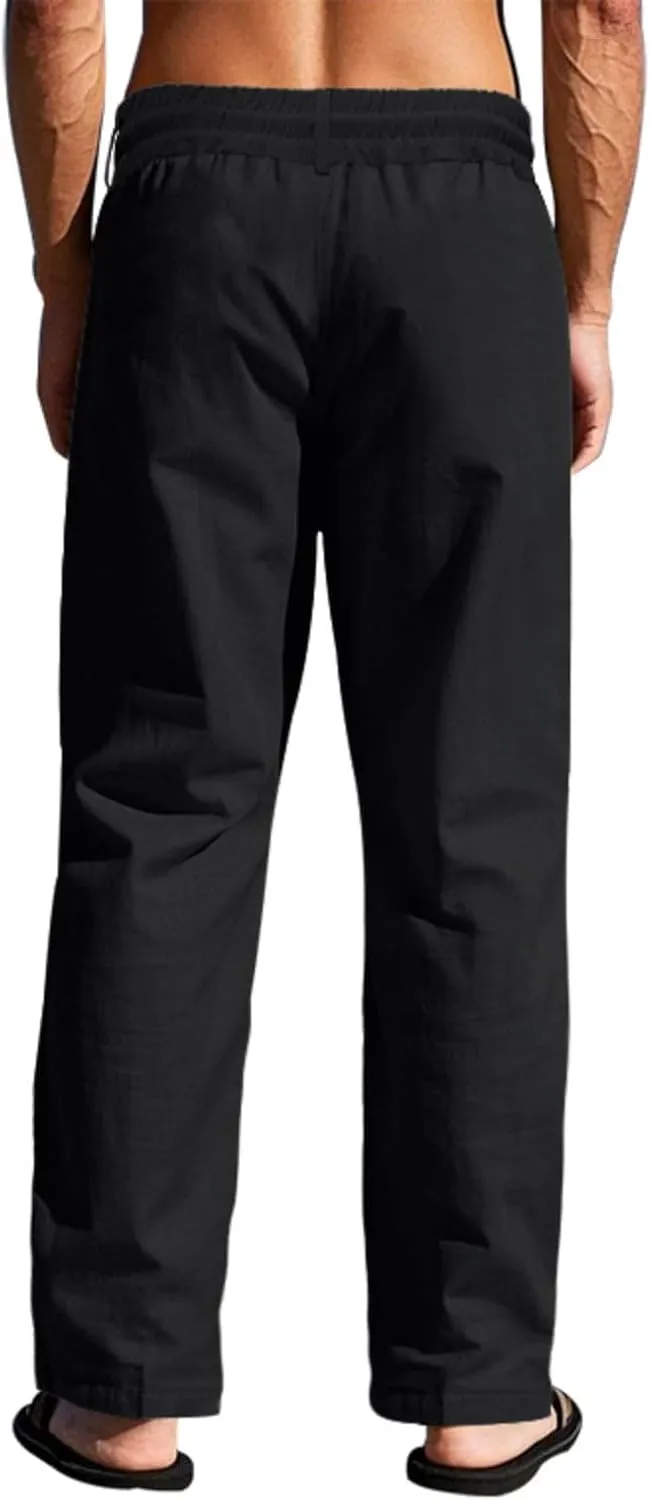 Mens Linen Pants Solid Color Elastic Waist Drawstring Baggy Trousers Summer Casual Beach Vacation Pant with Pockets