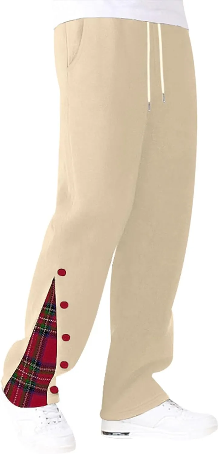 Mens Plaid Patchwork Pants Casual Drawstring Elastic Waist Trouser 2025 Fashion Loose Fit Athletic Pant with Pockets