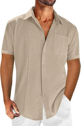 Mens Short Sleeve Cuban Guayabera Shirt Button Down Collared Linen Top Hippie Casual Beach T Shirts Plain Work Tees
