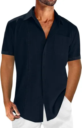 Mens Short Sleeve Cuban Guayabera Shirt Button Down Collared Linen Top Hippie Casual Beach T Shirts Plain Work Tees