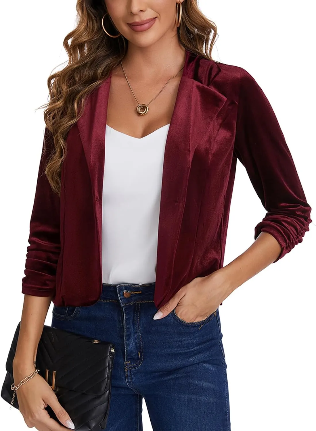MINTLIMIT Women's Velvet Blazer Jacket Button Front Notched Lapel Long Sleeve Suit Jacket Loose Fitting Tailored Jacket Coat, Wine Red, M