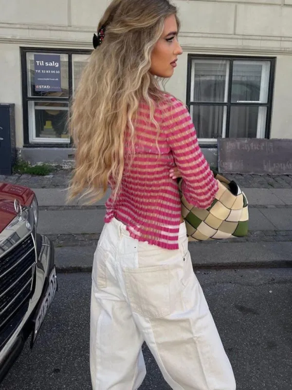 Sheer Striped Cutout Top: Tie Front, Fitted Style