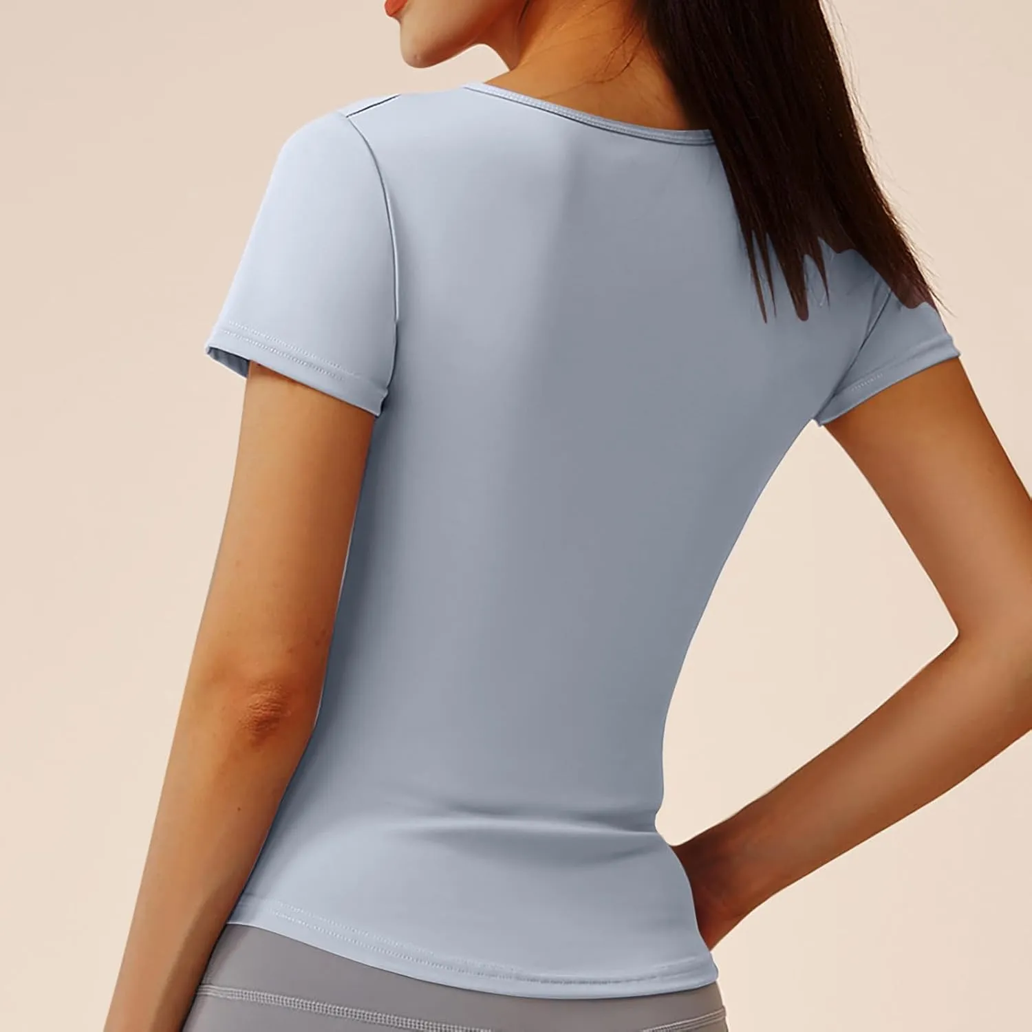 Soft Workout Tops for Women Short Sleeve Sun Shirt V Notch Slim Fitted Athletic Yoga Shirts Quick Dry Gym Running Top