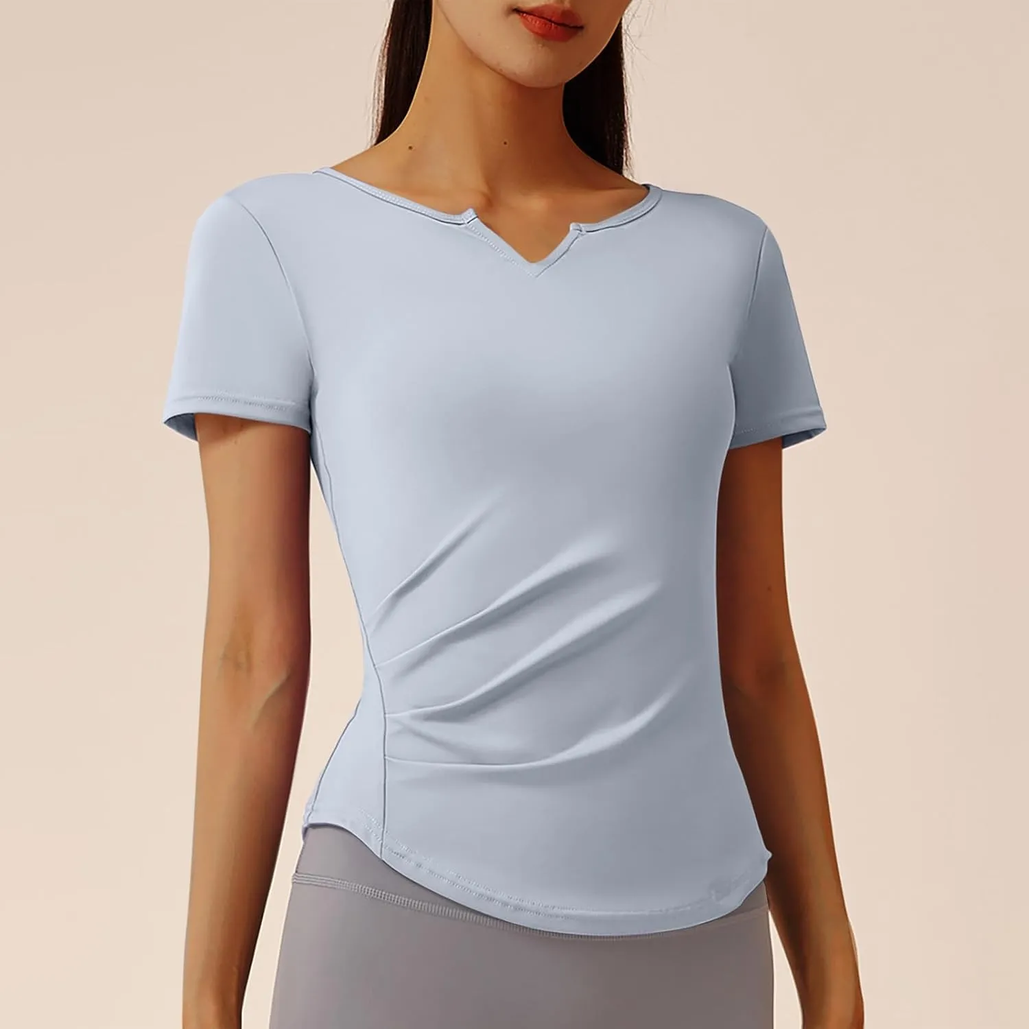 Soft Workout Tops for Women Short Sleeve Sun Shirt V Notch Slim Fitted Athletic Yoga Shirts Quick Dry Gym Running Top