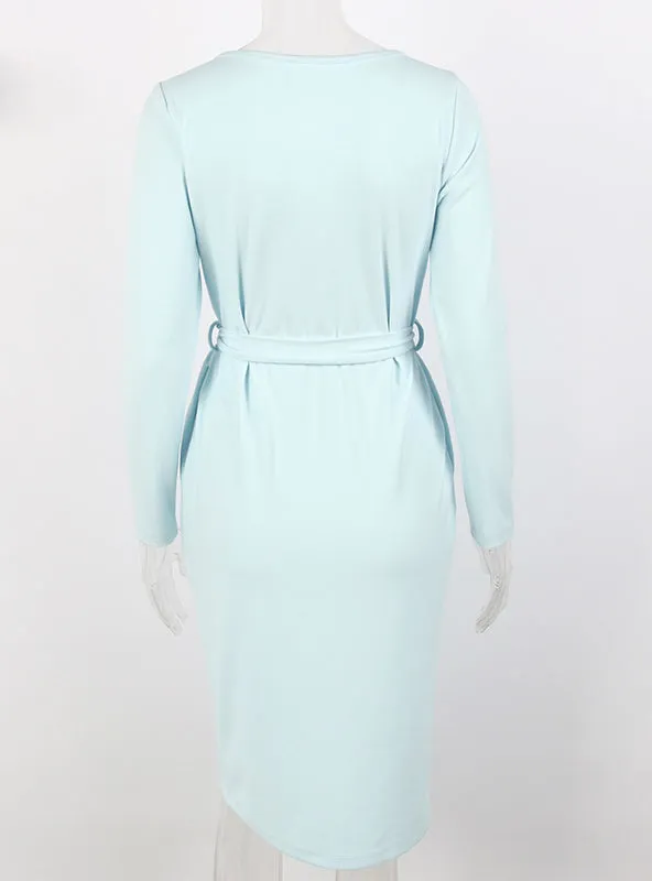 TastyHottie - Light Blue Belted Women Dress Solid Mid-Calf Casual
