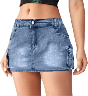 Women Mini Denim Skirt Mid Waist Mini Dress Jean Skirts Stretch Casual Slim Fit Summer Skorts with Pockets