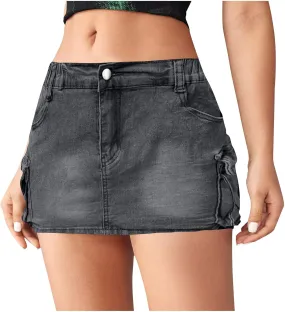 Women Mini Denim Skirt Mid Waist Mini Dress Jean Skirts Stretch Casual Slim Fit Summer Skorts with Pockets