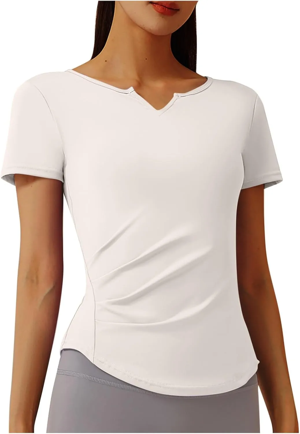 Women Short Sleeve Workout Shirts Ruched Slim Fitted V-Neck Yoga Tops Casual Athletic Gym Quick Dry Running Tees