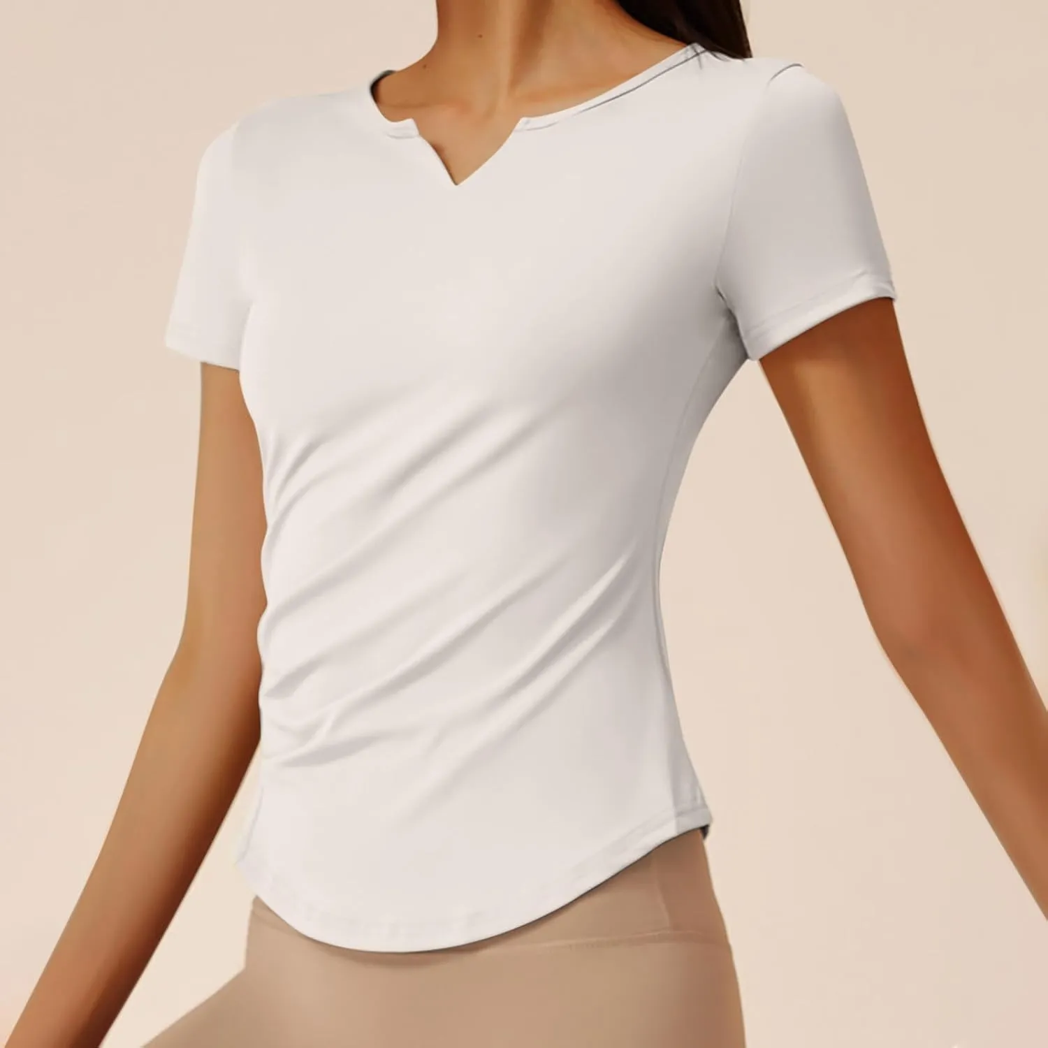 Women Short Sleeve Workout Shirts Ruched Slim Fitted V-Neck Yoga Tops Casual Athletic Gym Quick Dry Running Tees