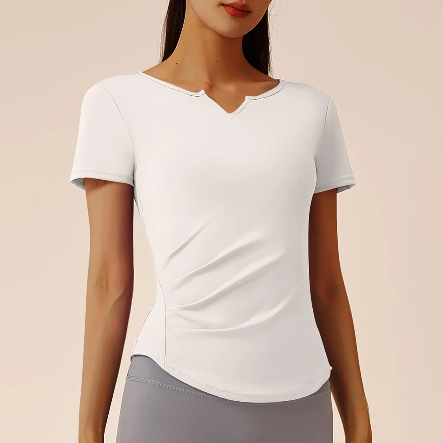 Women Short Sleeve Workout Shirts Ruched Slim Fitted V-Neck Yoga Tops Casual Athletic Gym Quick Dry Running Tees