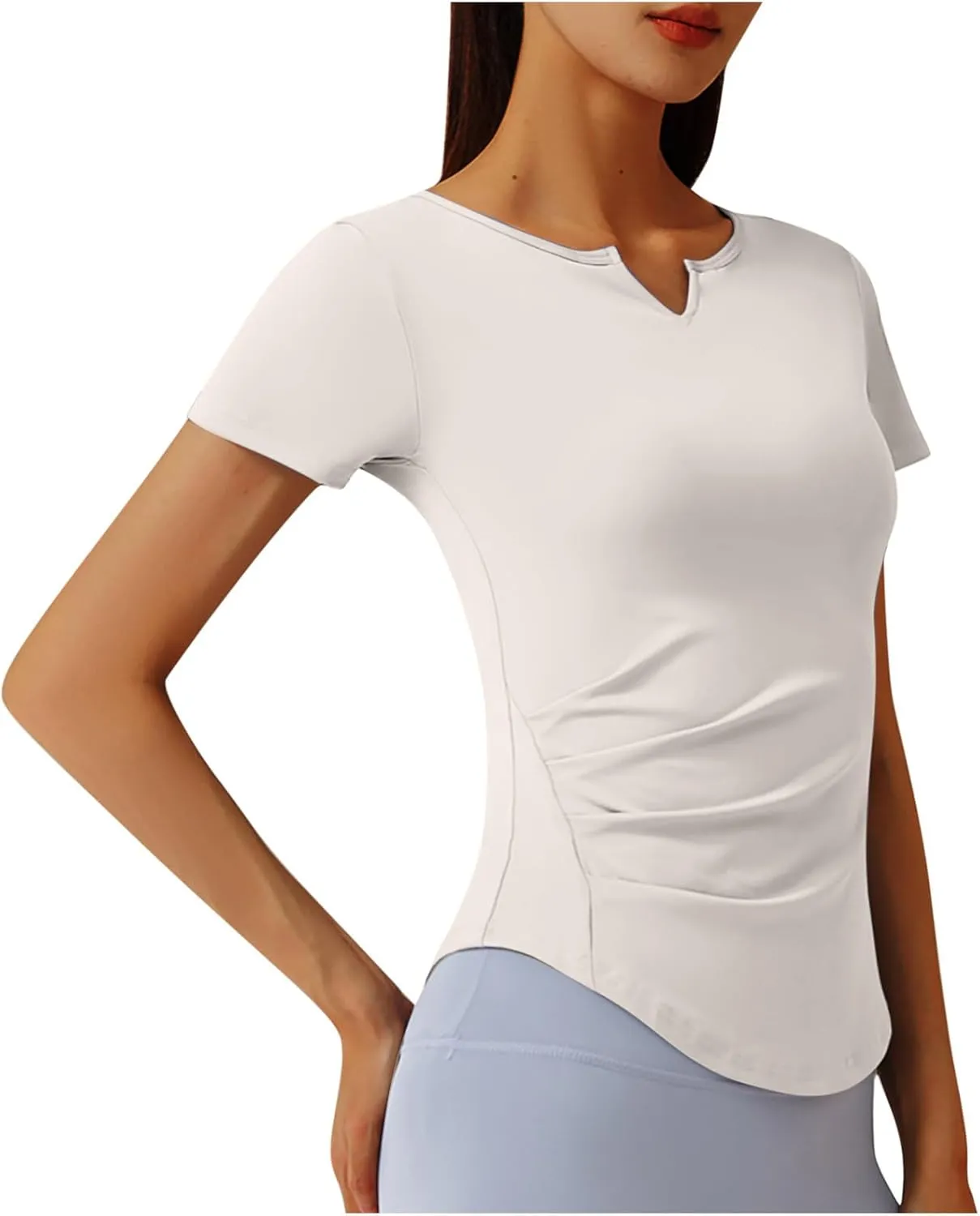 Women Short Sleeve Workout Shirts Ruched Slim Fitted V-Neck Yoga Tops Casual Athletic Gym Quick Dry Running Tees