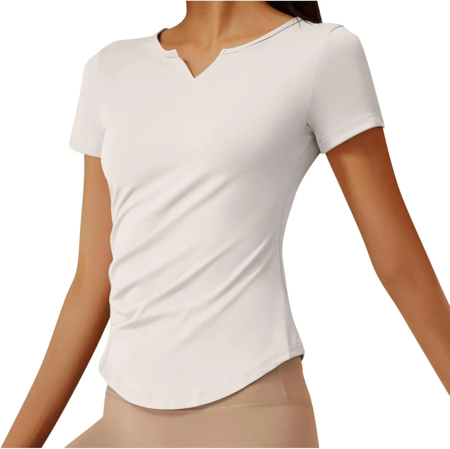 Women Short Sleeve Workout Shirts Ruched Slim Fitted V-Neck Yoga Tops Casual Athletic Gym Quick Dry Running Tees