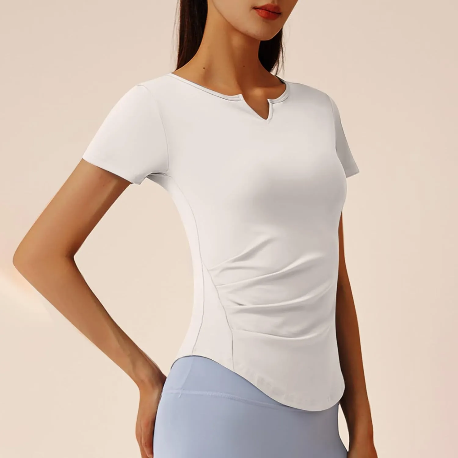 Women Short Sleeve Workout Shirts Ruched Slim Fitted V-Neck Yoga Tops Casual Athletic Gym Quick Dry Running Tees