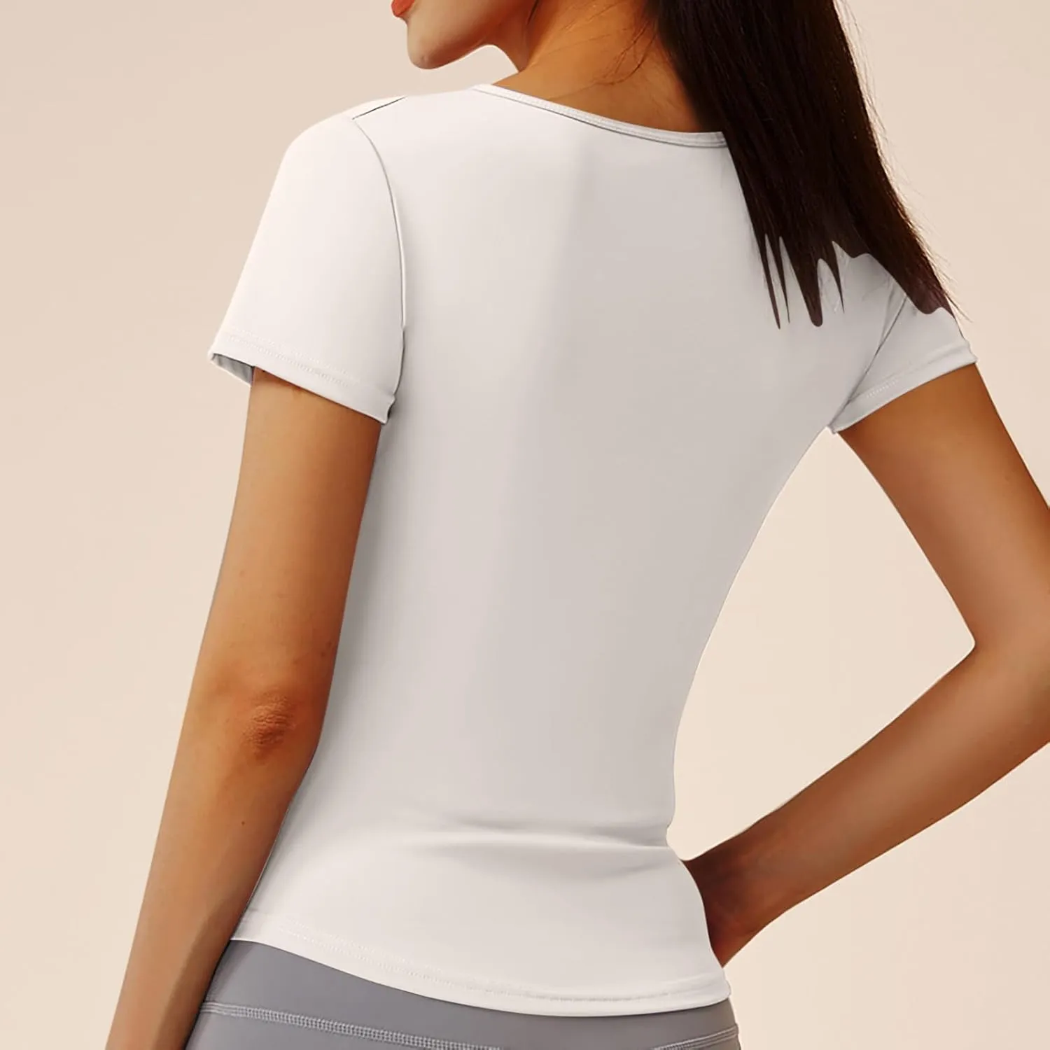 Women Short Sleeve Workout Shirts Ruched Slim Fitted V-Neck Yoga Tops Casual Athletic Gym Quick Dry Running Tees