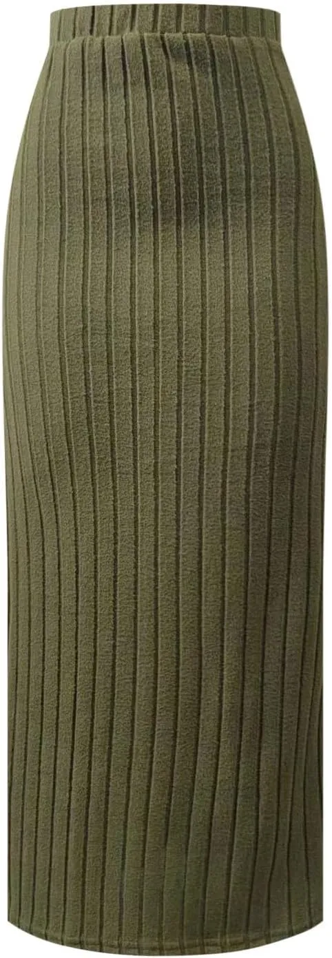 Women Slit Knit Maxi Skirts High Waisted Stretchy Striped Slim Fit 2025 Summer Casual Work Office Pencil Long Skirts