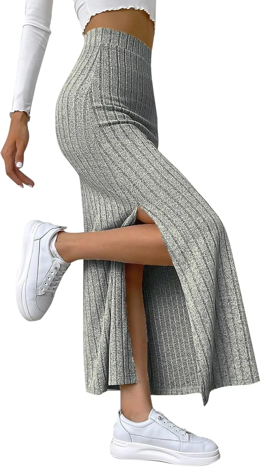 Women Slit Knit Maxi Skirts High Waisted Stretchy Striped Slim Fit 2025 Summer Casual Work Office Pencil Long Skirts