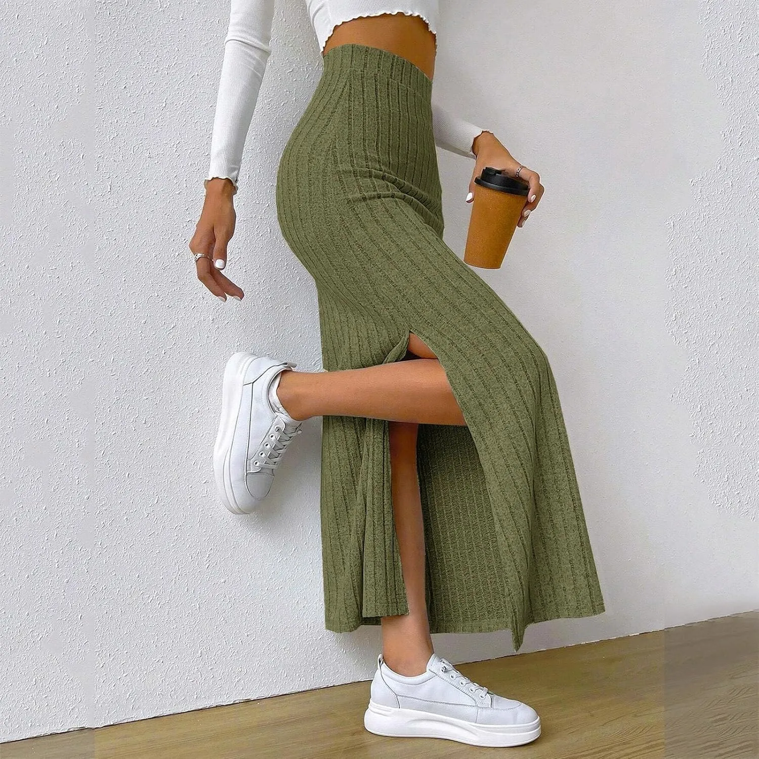 Women Slit Knit Maxi Skirts High Waisted Stretchy Striped Slim Fit 2025 Summer Casual Work Office Pencil Long Skirts
