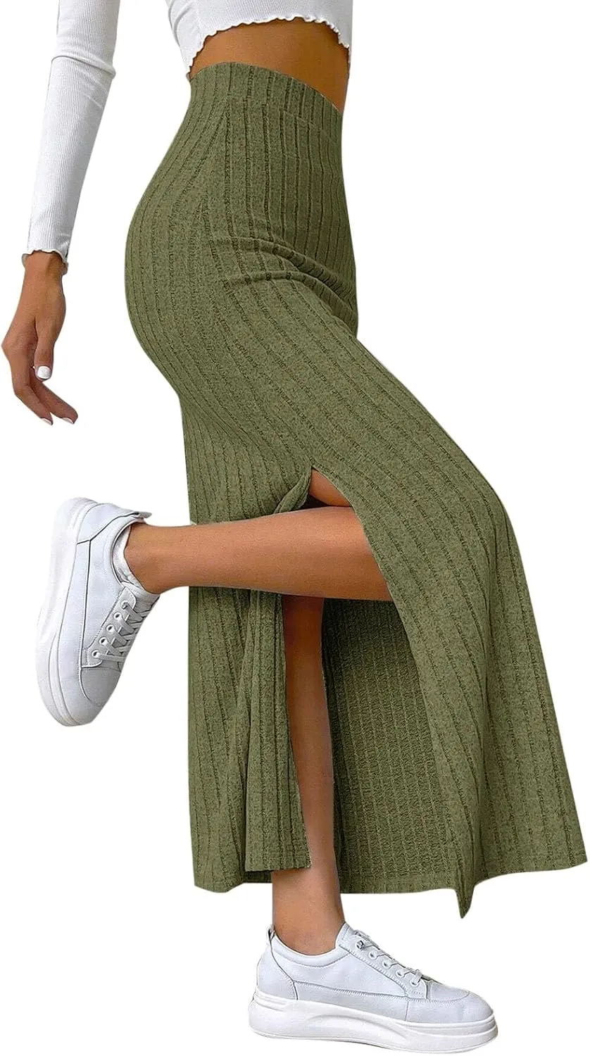 Women Slit Knit Maxi Skirts High Waisted Stretchy Striped Slim Fit 2025 Summer Casual Work Office Pencil Long Skirts