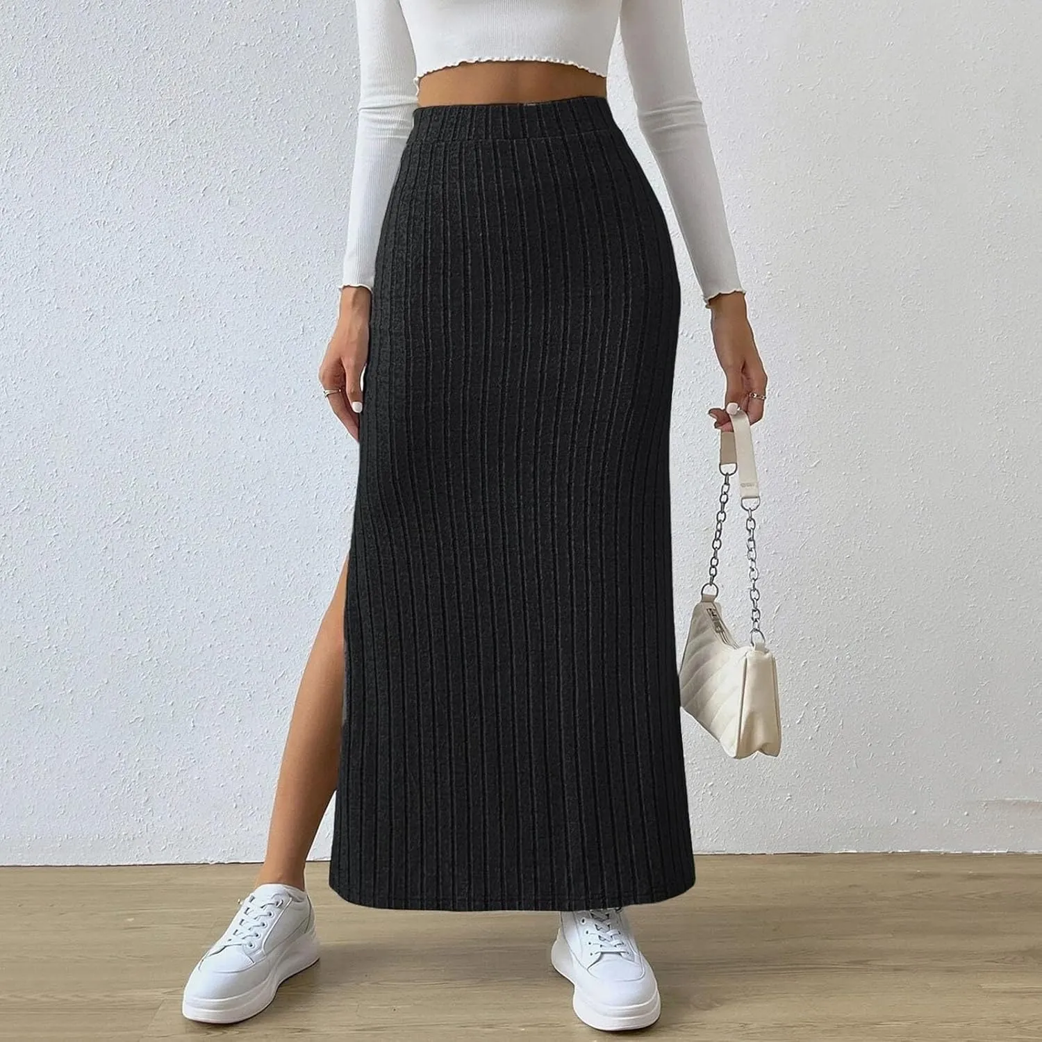 Women Slit Knit Maxi Skirts High Waisted Stretchy Striped Slim Fit 2025 Summer Casual Work Office Pencil Long Skirts