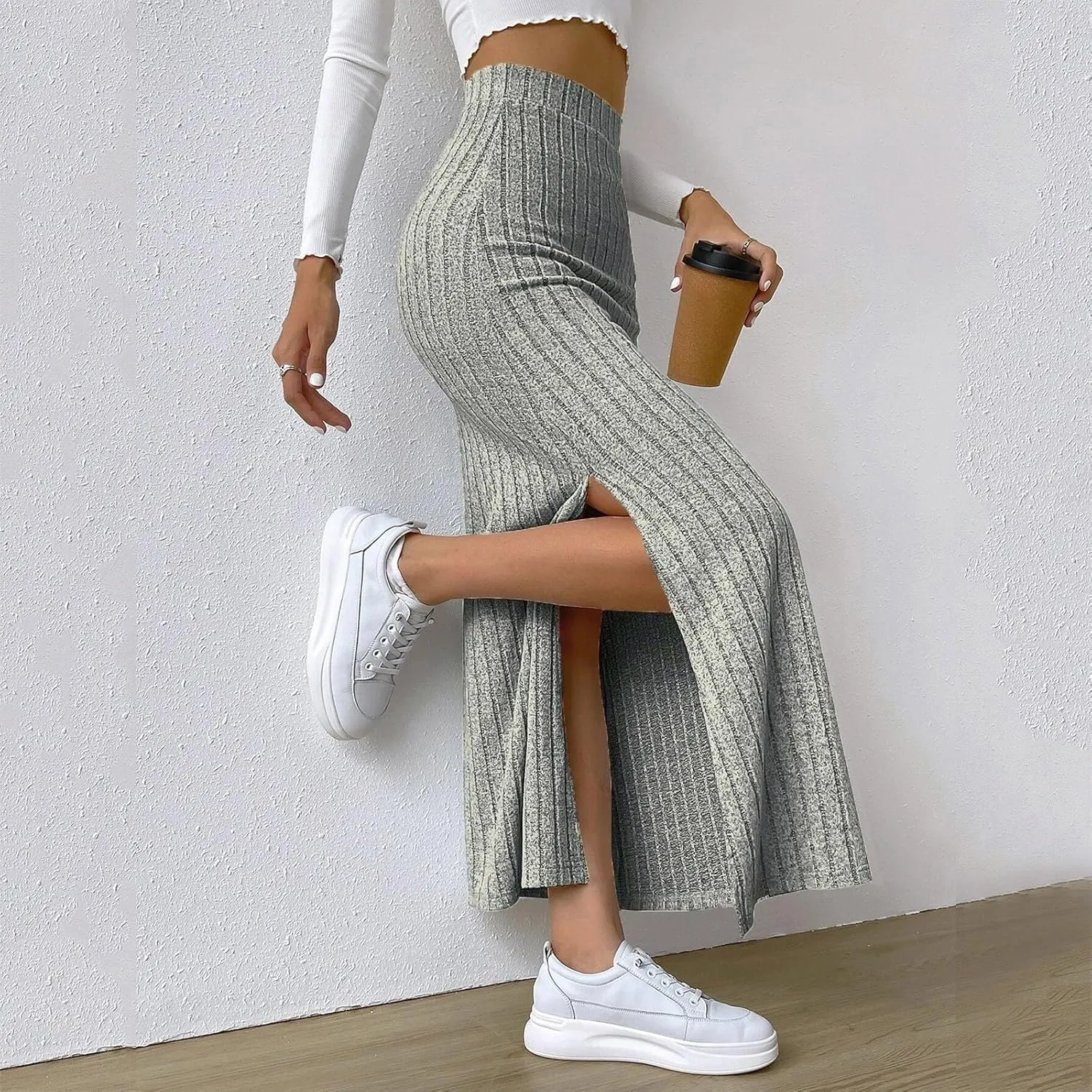 Women Slit Knit Maxi Skirts High Waisted Stretchy Striped Slim Fit 2025 Summer Casual Work Office Pencil Long Skirts