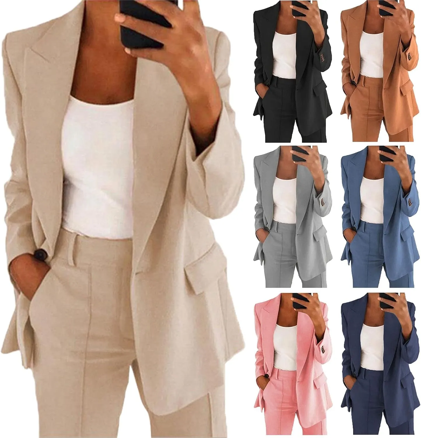 Women's 2 Piece Casual Blazers Open Front Long Sleeve Work Office Jackets and Pants Business Office Suit Set