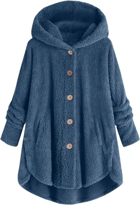 Womens Fuzzy Sherpa Hooded Jacket Shaggy Fleece Soft Warm Coat Loose Fit Long Sleeve Button Down Cardigan Sweaters