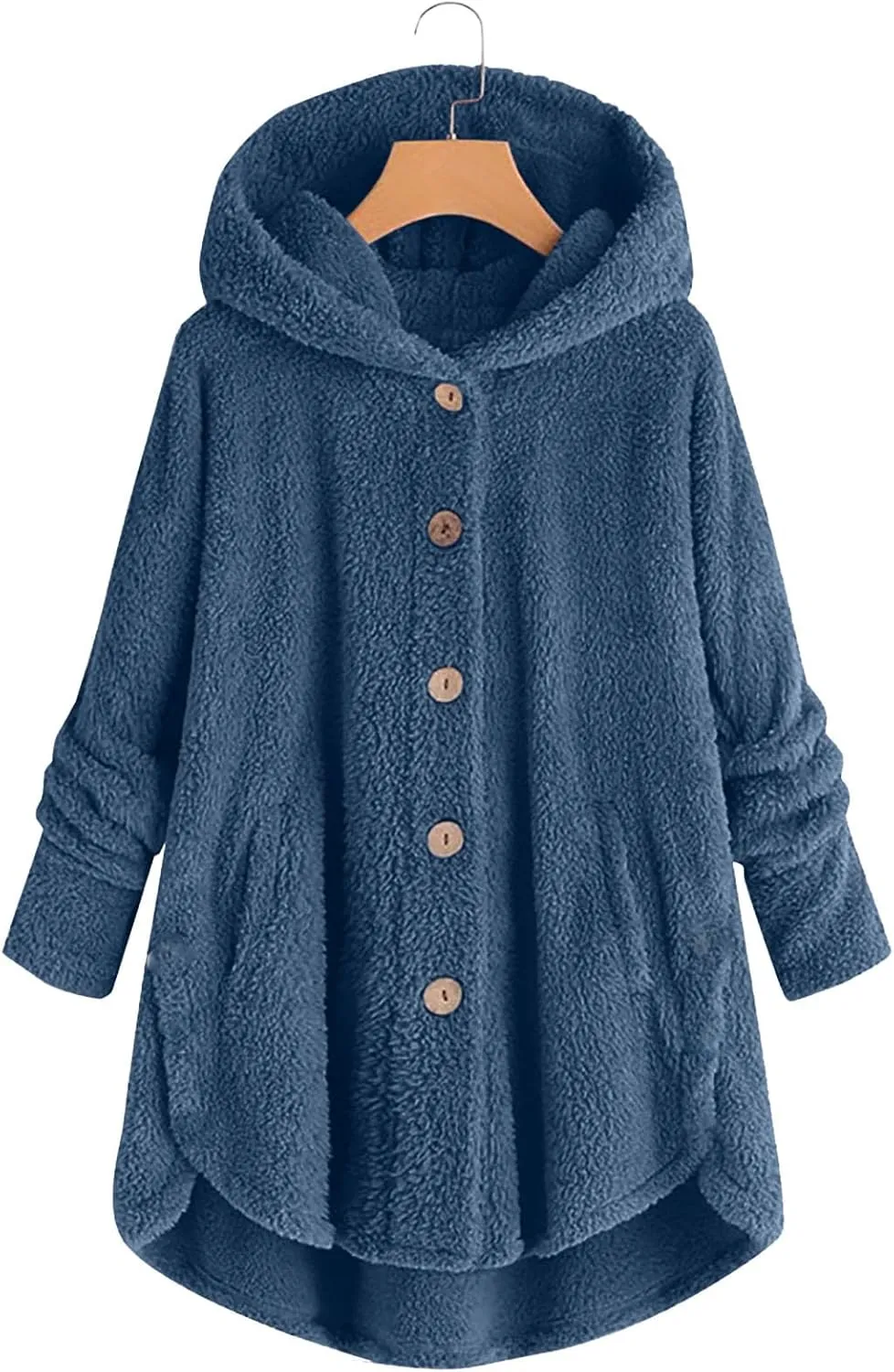 Womens Fuzzy Sherpa Hooded Jacket Shaggy Fleece Soft Warm Coat Loose Fit Long Sleeve Button Down Cardigan Sweaters