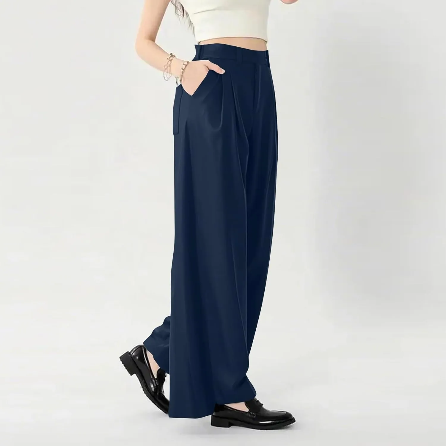 Women's Office Work Pants Drape High Waisted Business Casual Loose Straight Wide Leg Long Dress Trousers with Pocket