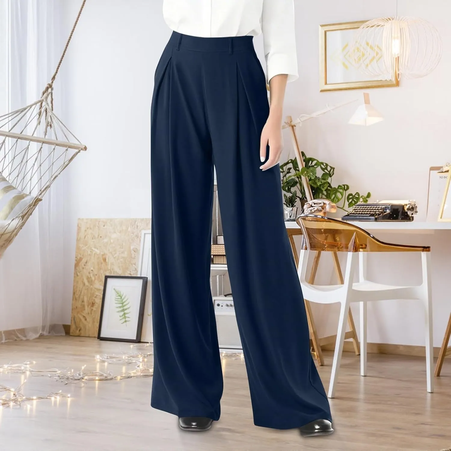 Women's Office Work Pants Drape High Waisted Business Casual Loose Straight Wide Leg Long Dress Trousers with Pocket
