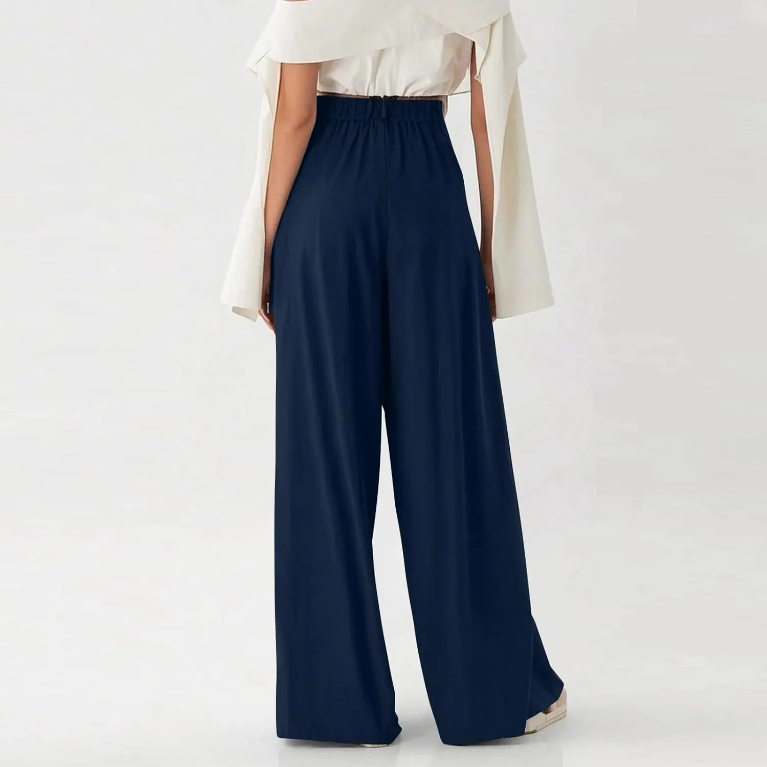 Women's Office Work Pants Drape High Waisted Business Casual Loose Straight Wide Leg Long Dress Trousers with Pocket