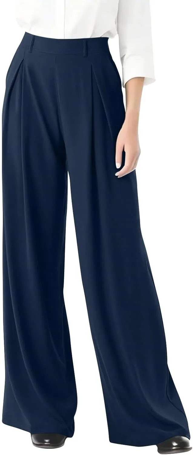 Women's Office Work Pants Drape High Waisted Business Casual Loose Straight Wide Leg Long Dress Trousers with Pocket