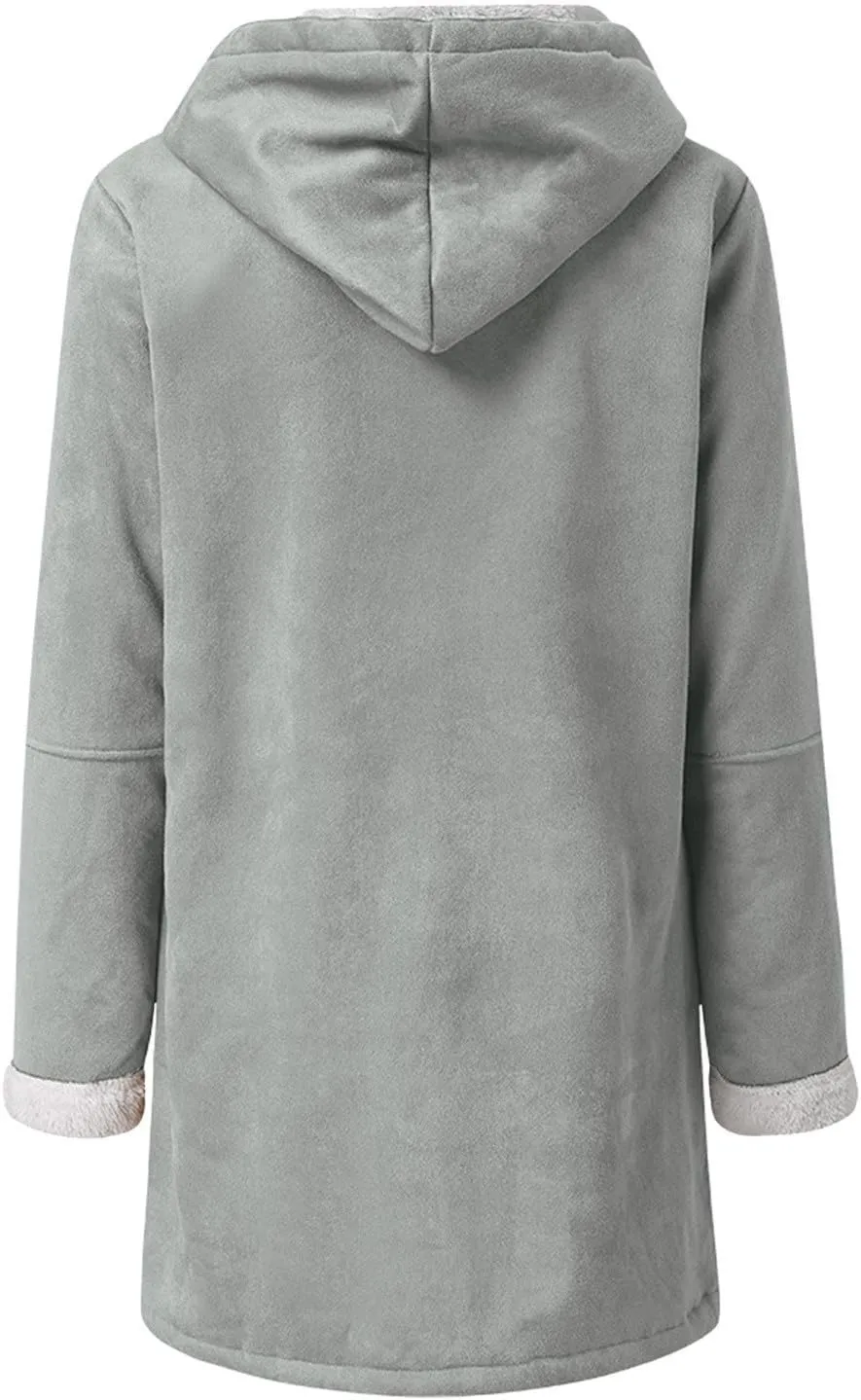 Womens Sherpa Lined Jackets Fashion Winter Fuzzy Fleece Hoodie Sweatshirt Casual Soft Cozy Horn Button Down Coats