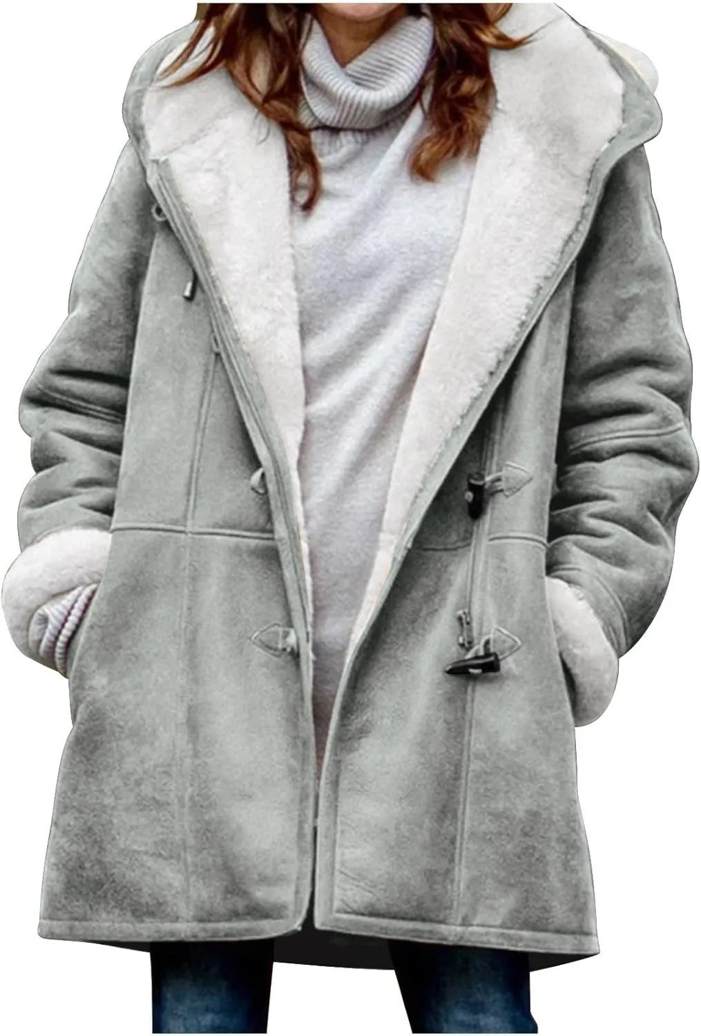 Womens Sherpa Lined Jackets Fashion Winter Fuzzy Fleece Hoodie Sweatshirt Casual Soft Cozy Horn Button Down Coats