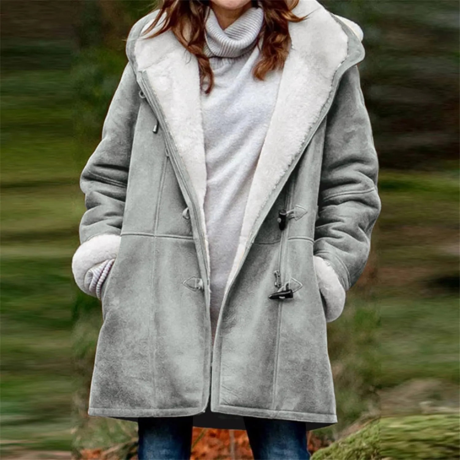 Womens Sherpa Lined Jackets Fashion Winter Fuzzy Fleece Hoodie Sweatshirt Casual Soft Cozy Horn Button Down Coats