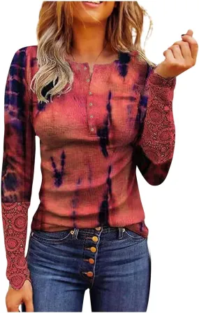 Womens Tops Casual Fall Ribbed Tunic Tops Vneck Fitted Long Sleeve Shirts Button Up Floral Lace Trim Tunic Sweatshirts