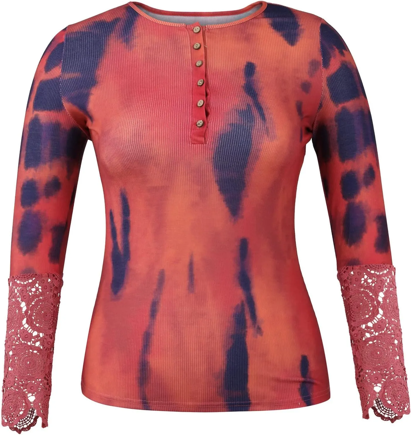 Womens Tops Casual Fall Ribbed Tunic Tops Vneck Fitted Long Sleeve Shirts Button Up Floral Lace Trim Tunic Sweatshirts